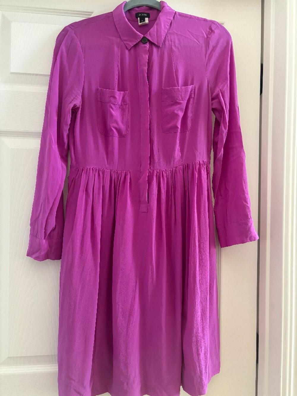 J.Crew 100% Silk Shirt Dress Size 4 Fuchsia Magenta Belted Lined